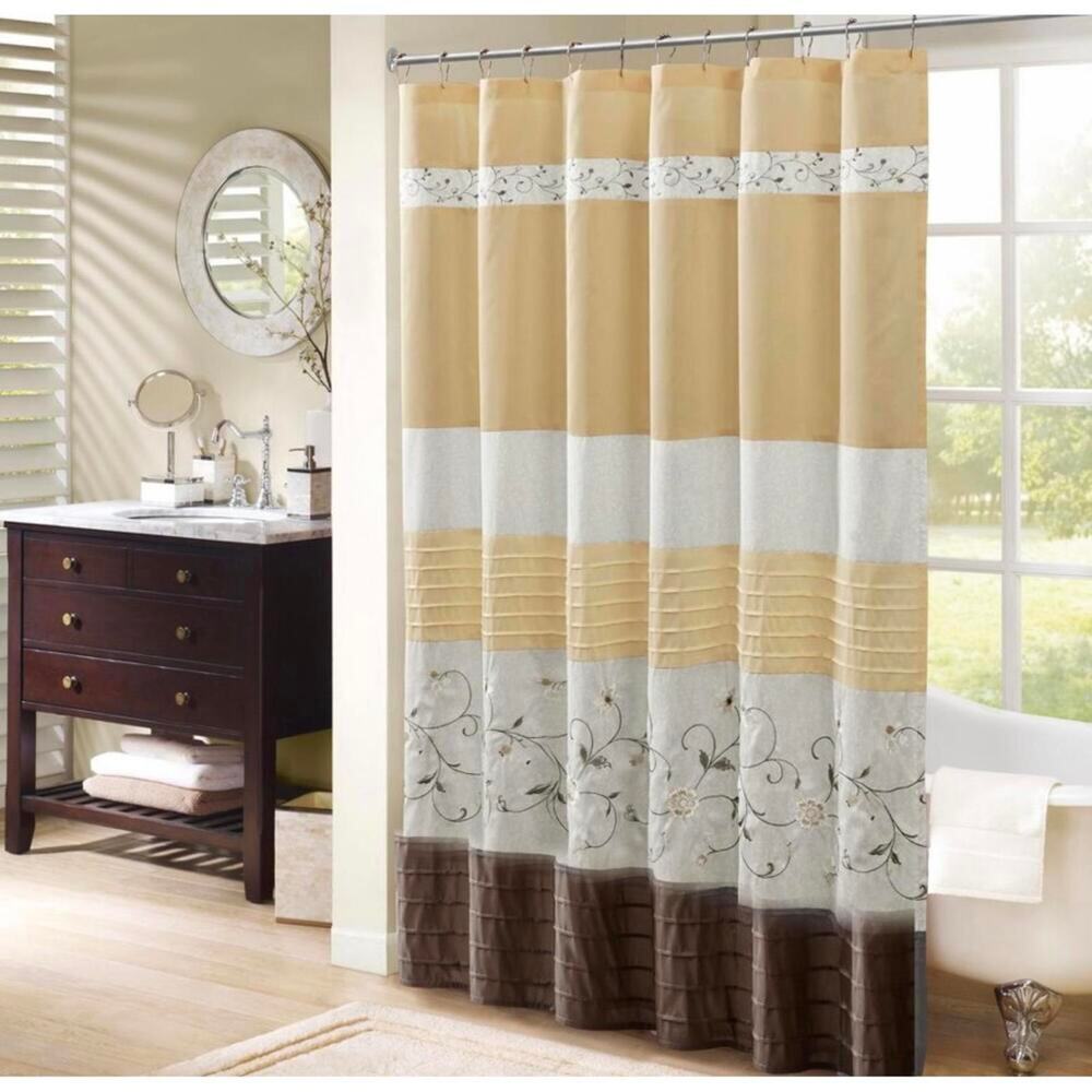 Madison Park Monroe Floral Shower Curtain Yellow 72x72 Faux Silk Embroidered